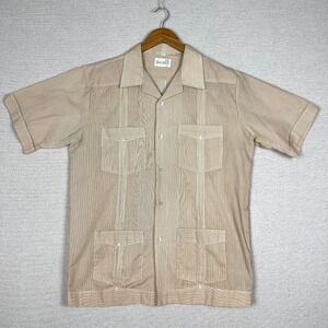 Guayabera Button Up Mens XL Tan Pinstripe Short Sleeve Retro Resort Cabana Camp